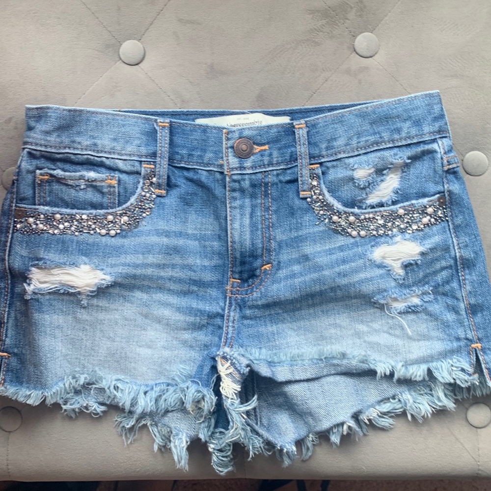 Abercrombie Distressed Ripped Jean Shorts with Bead/Rhinestone Pockets- Size 0